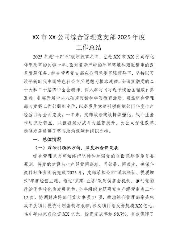 某某市某某公司综合管理党支部2025年度工作总结