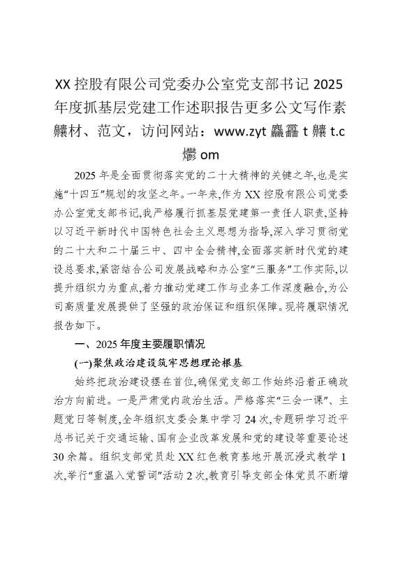 某某控股有限公司党委办公室党支部书记2025年度抓基层党建工作述职报告