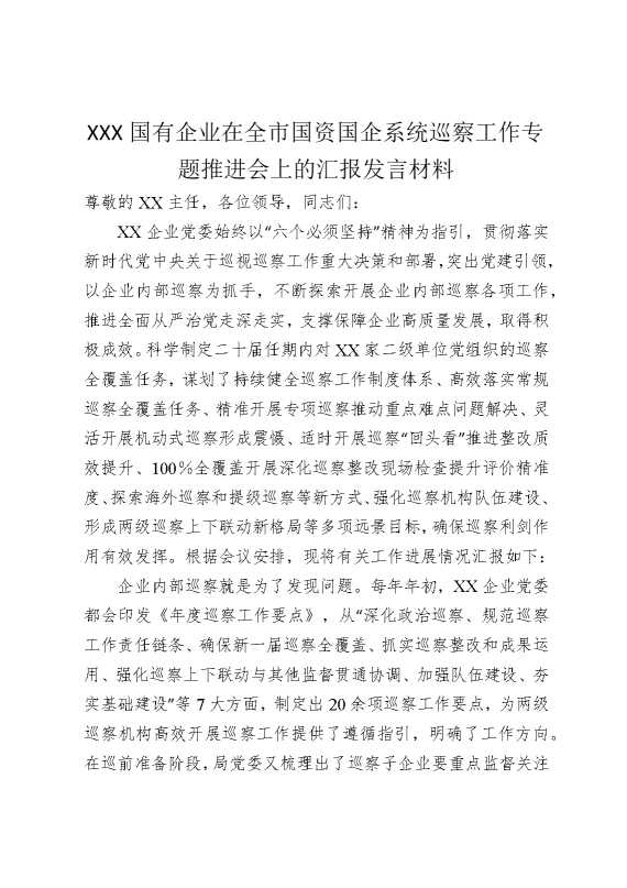 某某某国有企业在全市国资国企系统巡察工作专题推进会上的汇报发言材料