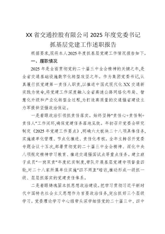 某某省交通控股有限公司2025年度党委书记抓基层党建工作述职报告