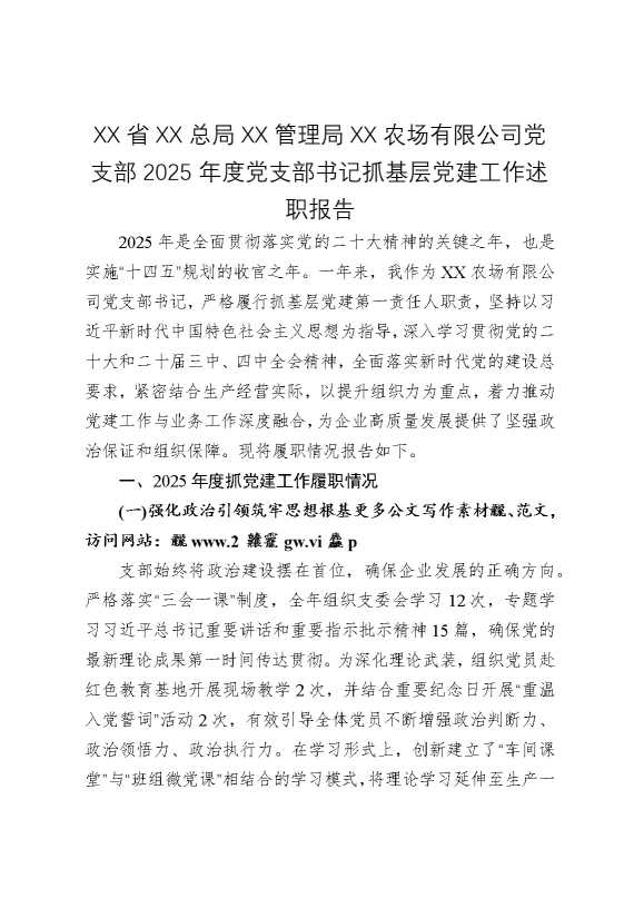 某某省某某总局某某管理局某某农场有限公司党支部2025年度党支部书记抓基层党建工作述职报告