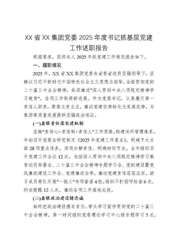 某某省某某集团党委2025年度书记抓基层党建工作述职报告