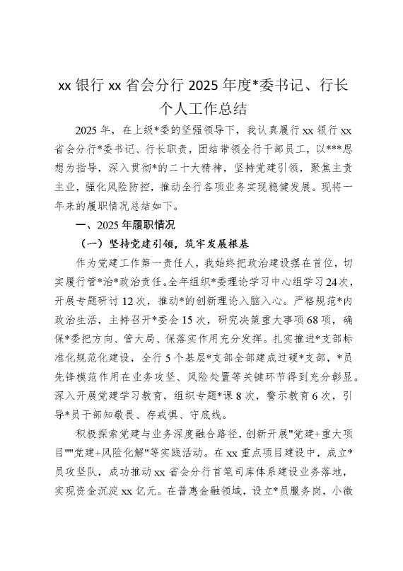 某某银行某某省会分行2025年度党委书记、行长个人工作总结