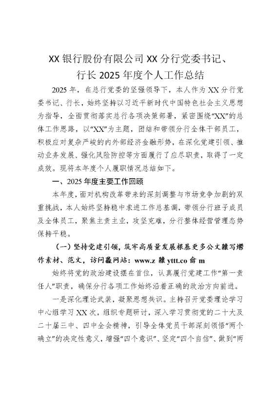 某某银行股份有限公司某某分行党委书记、行长2025年度个人工作总结