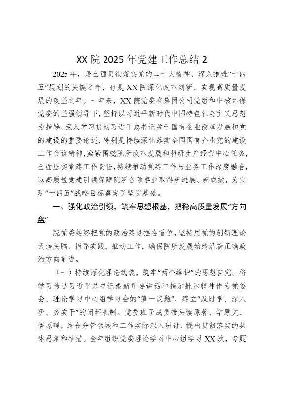 某某院2025年党建工作总结2