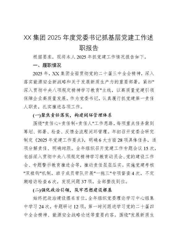某某集团2025年度党委书记抓基层党建工作述职报告