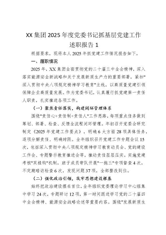 某某集团2025年度党委书记抓基层党建工作述职报告1
