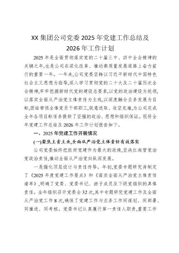某某集团公司党委2025年党建工作总结及2026年工作计划