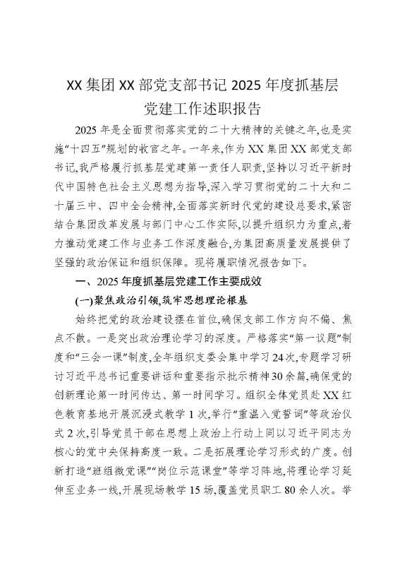某某集团某某部党支部书记2025年度抓基层党建工作述职报告