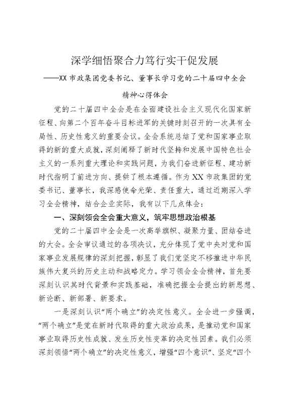深学细悟聚合力，笃行实干促发展——某某市政集团党委书记，董事长学习党的二十届四中全会精神心得体会