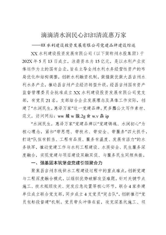滴滴清水润民心，汩汩清流惠万家——某某水利建设投资发展有限公司党建品牌建设综述
