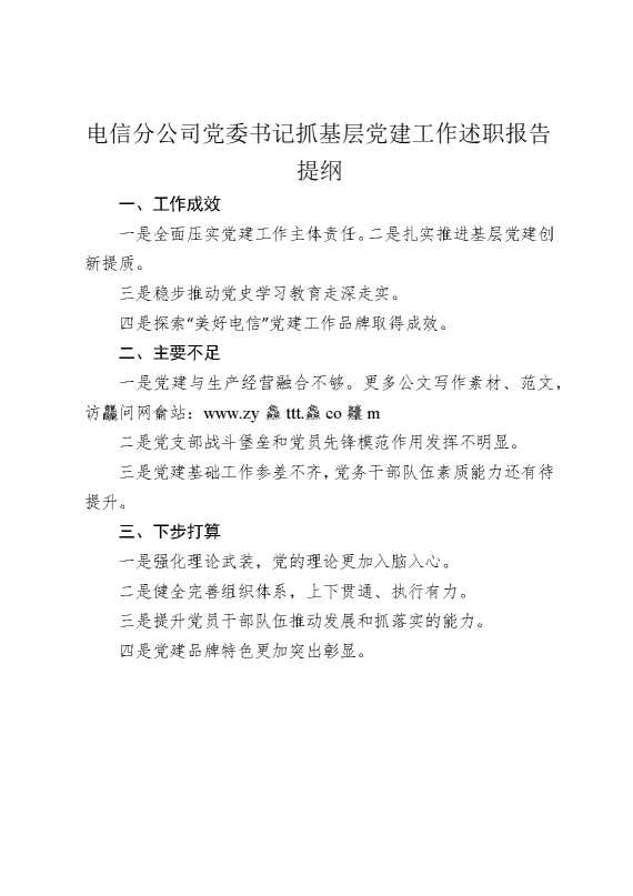 电信分公司党委书记抓基层党建工作述职报告提纲