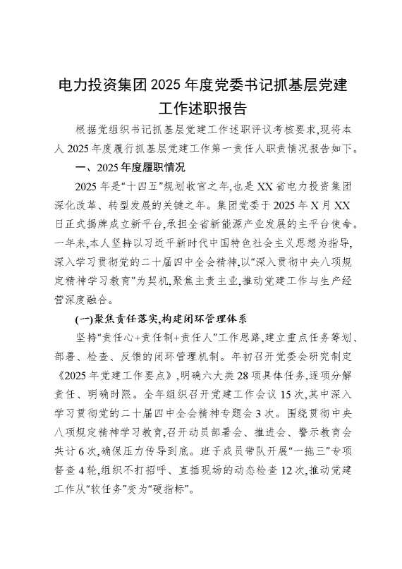 电力投资集团2025年度党委书记抓基层党建工作述职报告