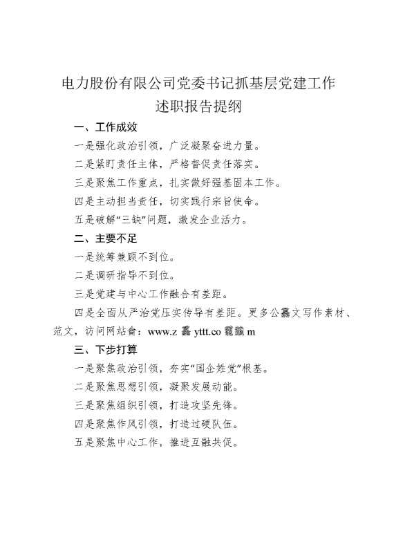 电力股份有限公司党委书记抓基层党建工作述职报告提纲