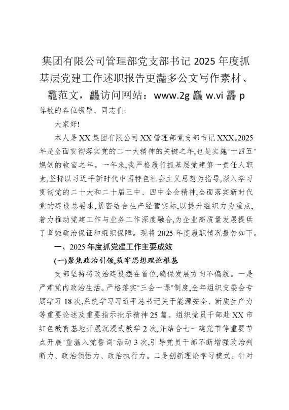 集团有限公司管理部党支部书记2025年度抓基层党建工作述职报告
