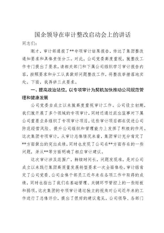 国企领导在审计整改启动会上的讲话