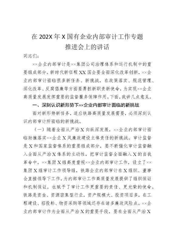在2025年某国有企业内部审计工作专题推进会上的讲话