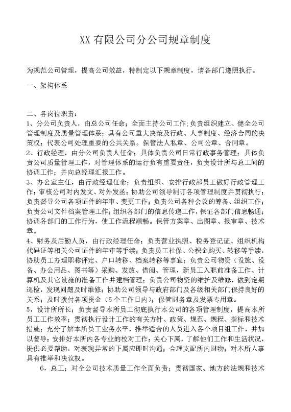 某某有限公司分公司规章制度