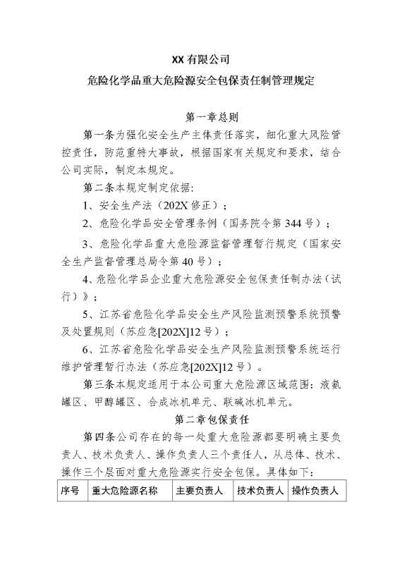 某某有限公司危险化学品重大危险源安全包保责任制管理规定