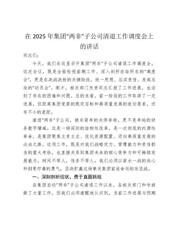 “两非”子公司清退工作调度会上的讲话