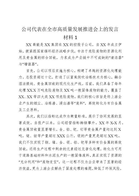 公司代表在全市高质量发展推进会上的发言材料1