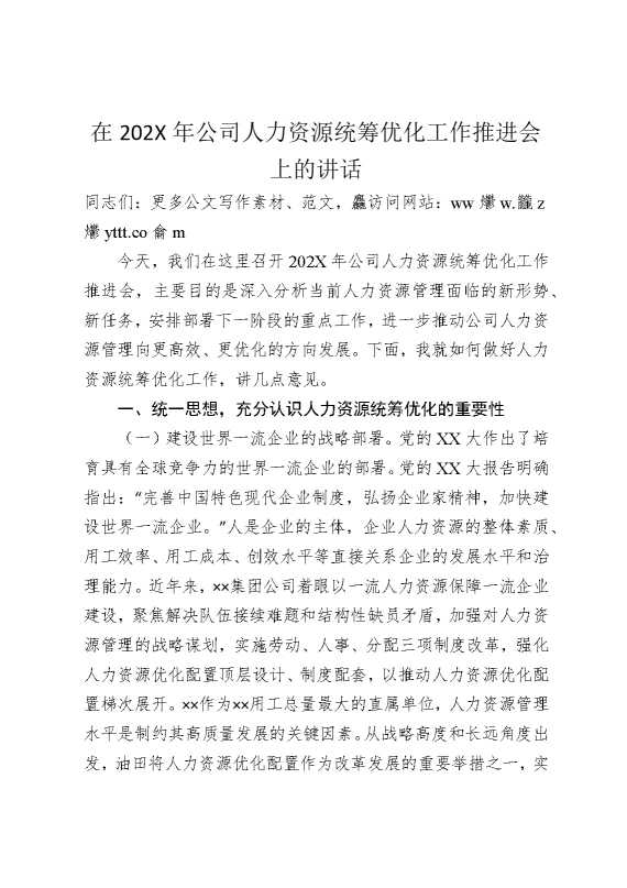 在2025年公司人力资源统筹优化工作推进会上的讲话