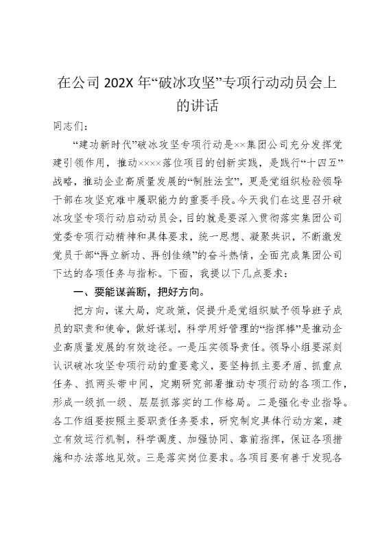 在公司2025年“破冰攻坚”专项行动动员会上的讲话