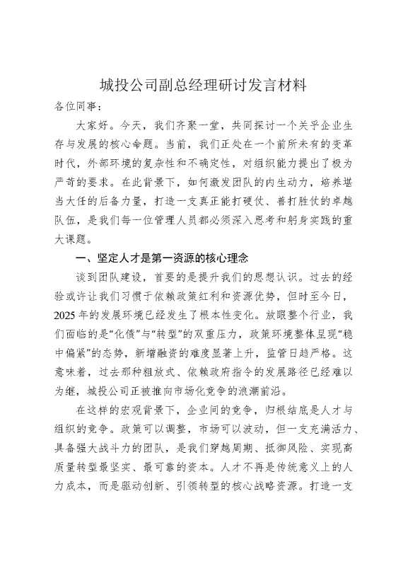 城投公司副总经理研讨发言材料