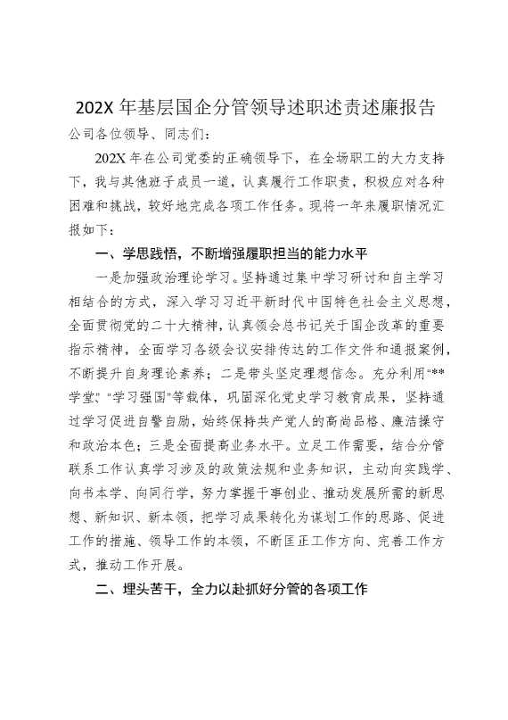 2025年基层国企分管领导述职述责述廉报告