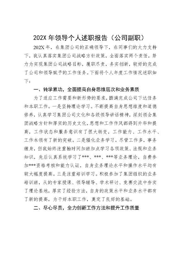 2025年领导个人述职报告（公司副职）
