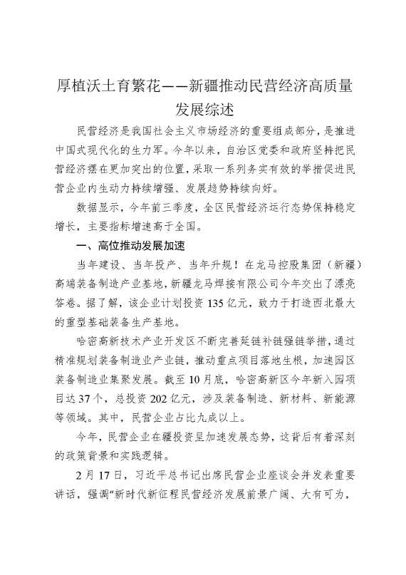 厚植沃土育繁花——新疆推动民营经济高质量发展综述