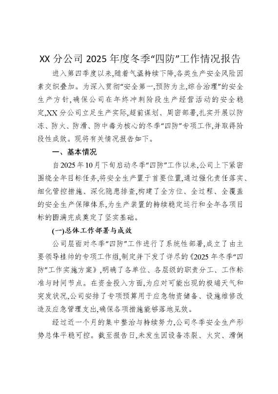 某某分公司2025年度冬季“四防”工作情况报告