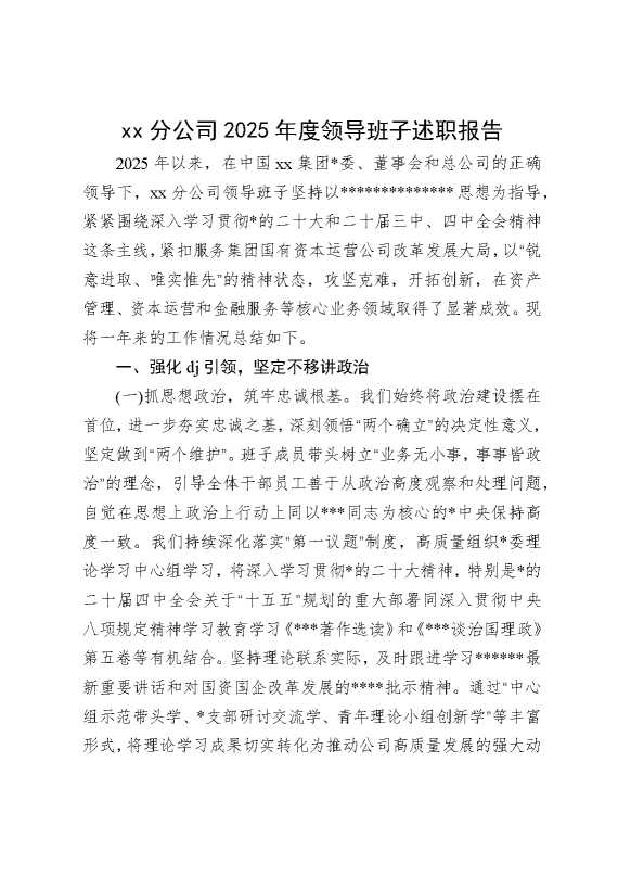 某某分公司2025年度领导班子述职报告