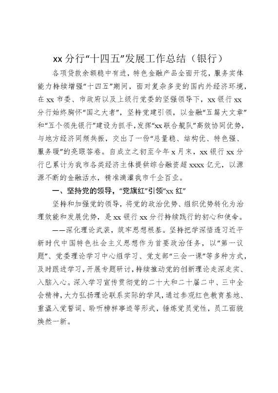 某某分行“十四五”发展工作总结（银行）