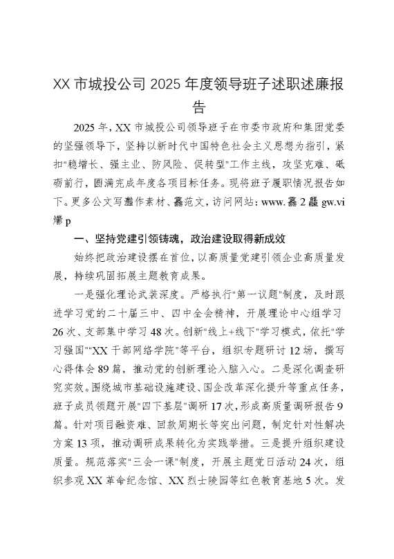 某某市城投公司2025年度领导班子述职述廉报告