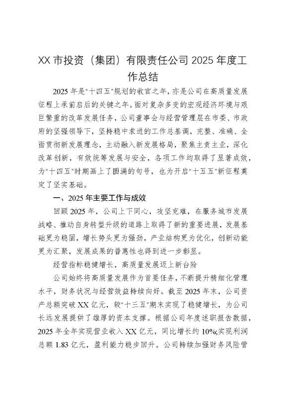 某某市投资（集团）有限责任公司2025年度工作总结