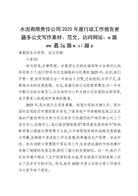 水泥有限责任公司2025年度行政工作报告