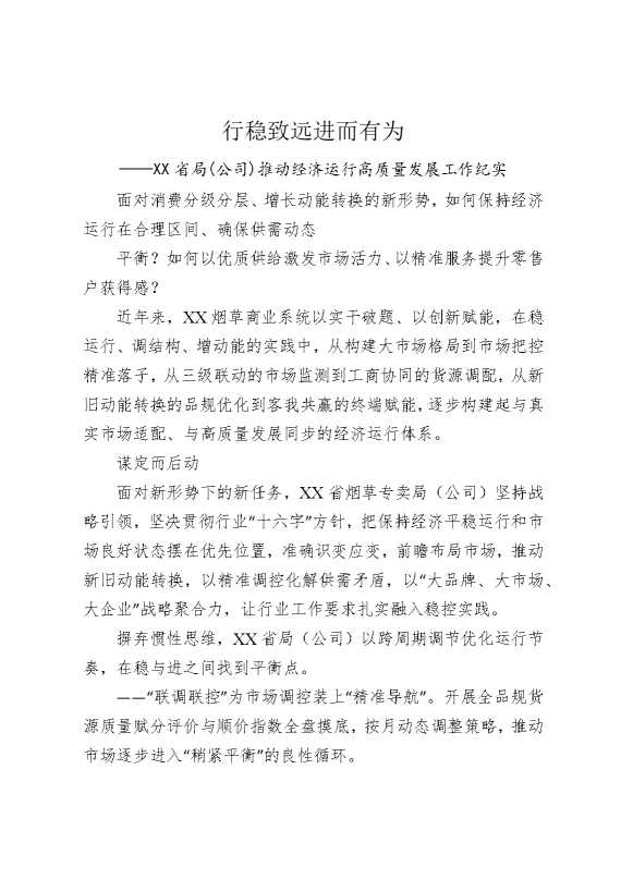行稳致远进而有为——某某省局（公司）推动经济运行高质量发展工作纪实