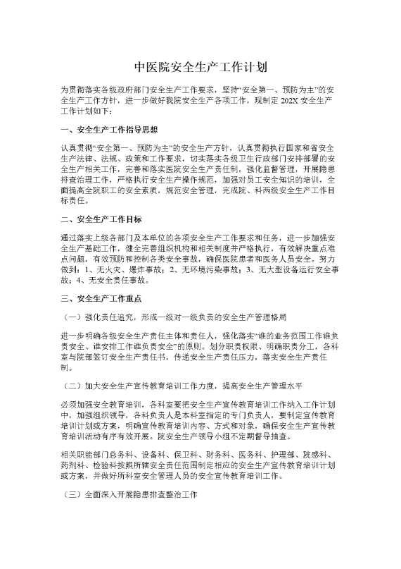 中医院安全生产工作计划