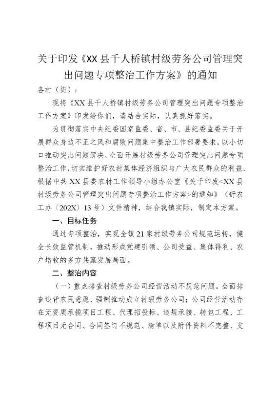 关于印发《某某县千人桥镇村级劳务公司管理突出问题专项整治工作方案》的通知