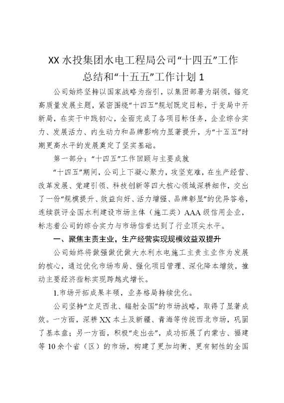 某某水投集团水电工程局公司“十四五”工作总结和“十五五”工作计划1