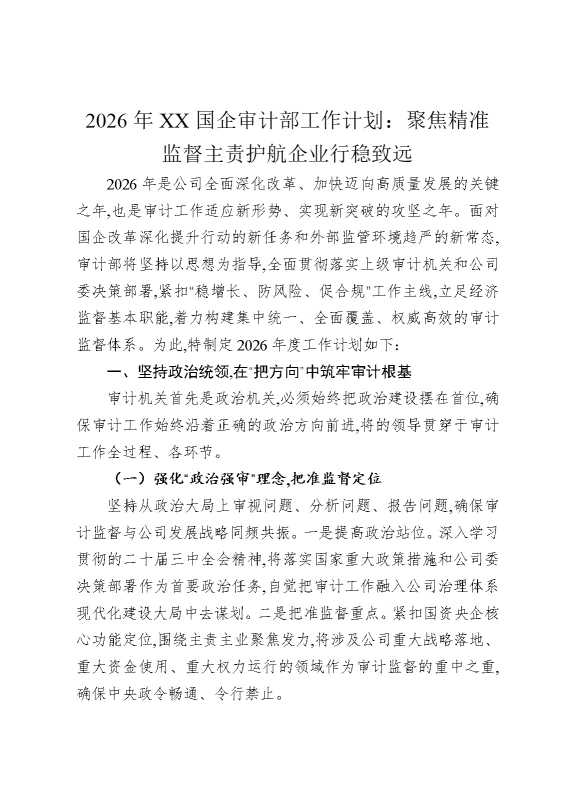 2026年某某国企审计部工作计划：聚焦精准监督主责，护航企业行稳致远