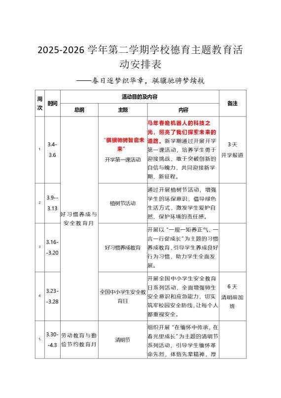 2026学年第二学期学校德育主题教育活动安排表：春日逐梦织华章，骐骥驰骋梦续航