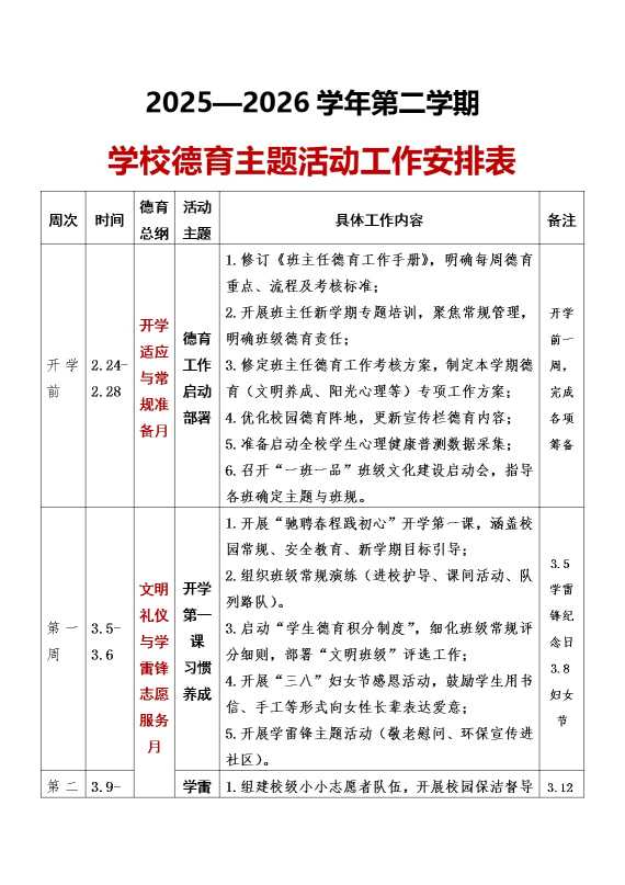 2026学年第二学期学校德育主题活动工作安排表