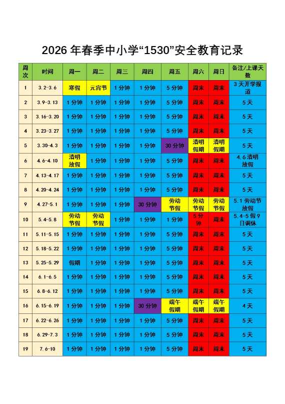 2026年春季学期中小学1530安全教育记录