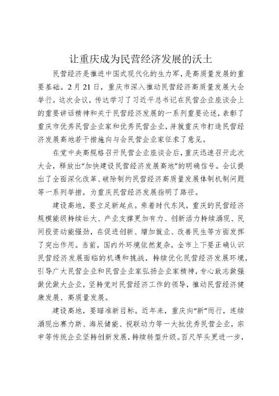 让重庆成为民营经济发展的沃土