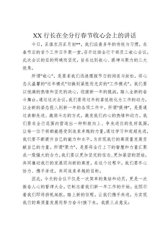 某某行长在全分行春节收心会上的讲话