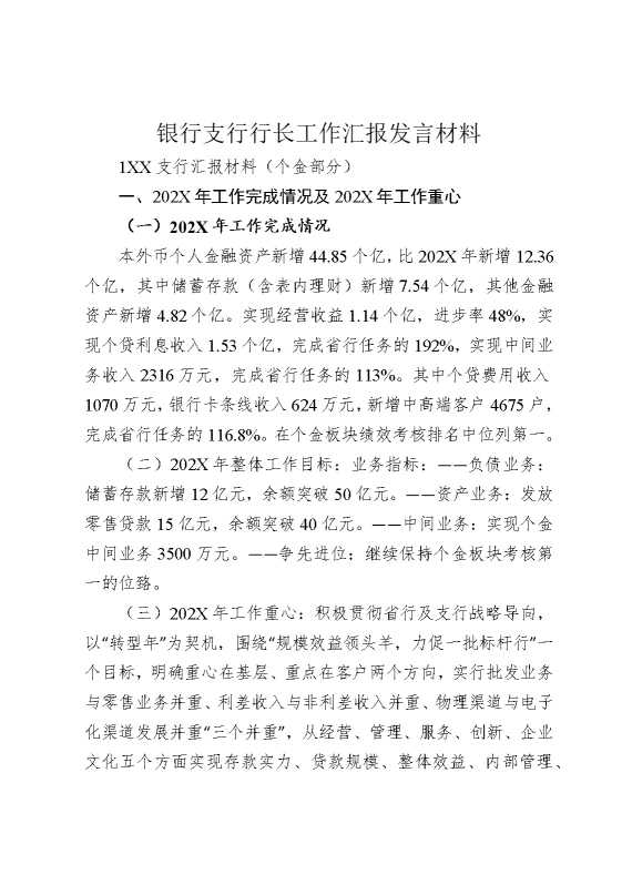 银行支行行长工作汇报发言材料