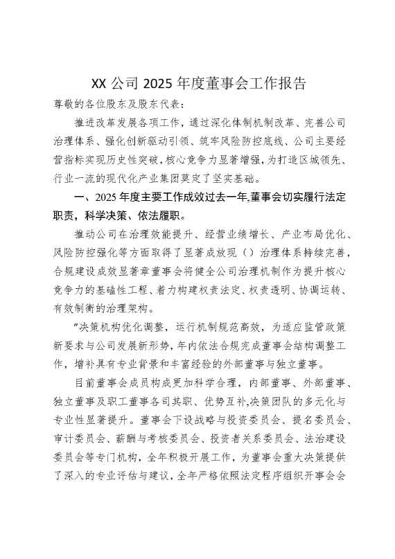 某某公司2025年度董事会工作报告