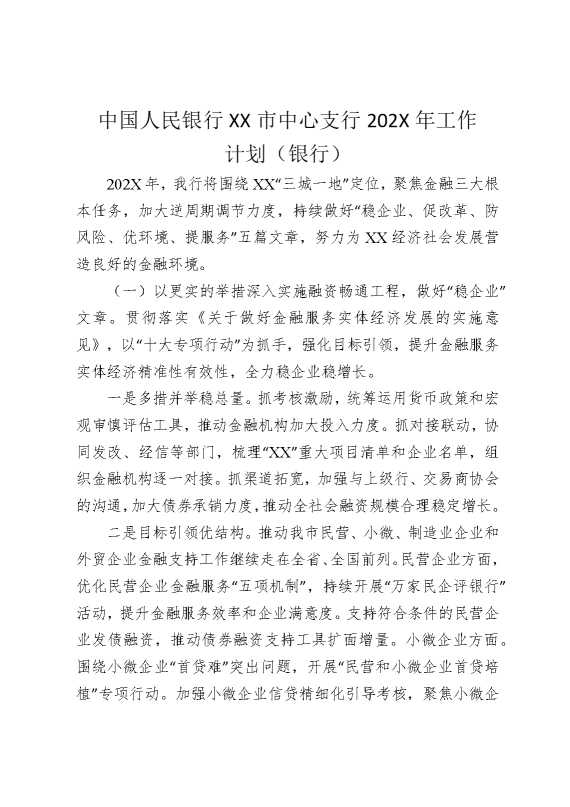 中国人民银行某某市中心支行2026年工作计划（银行）